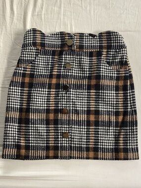 Anthropologie Plaid Button-Front Mini Skirt in Black, White & Brown